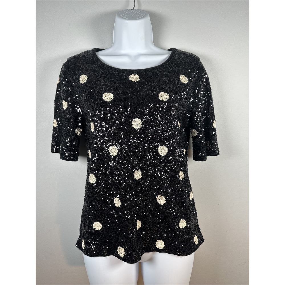 J. CREW Womens Black Ivory Polka‎ Dot Top Small Short Sleeve Sequin Party 2012